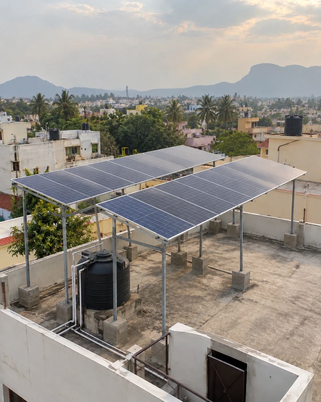 The same rooftop terrace with a raised solar panel structure installed, tank and space below unchanged