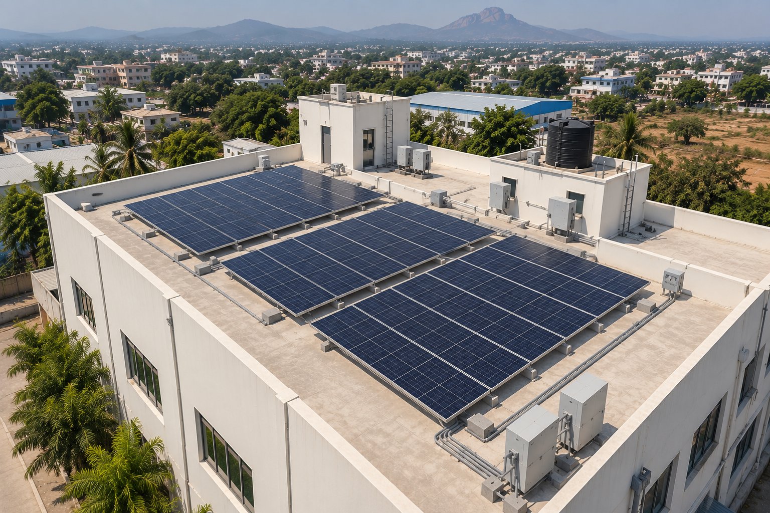 Rooftop solar array on a commercial building, with the Tirupati hills in the background