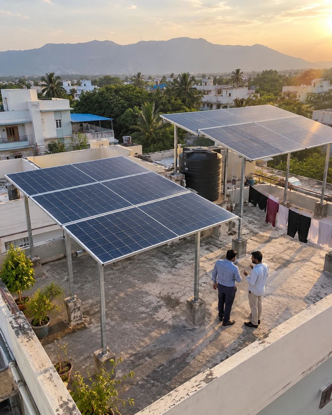 Rooftop solar panels on a raised mounting structure